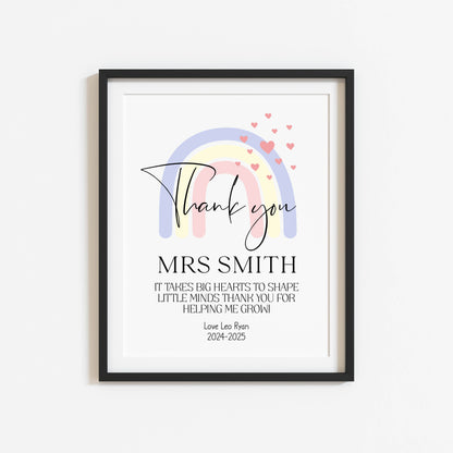 Personalised Thank you Nursery or teacher rainbow hearts unframed print, unique end of term thank you gift for nurseries, teachers, schools