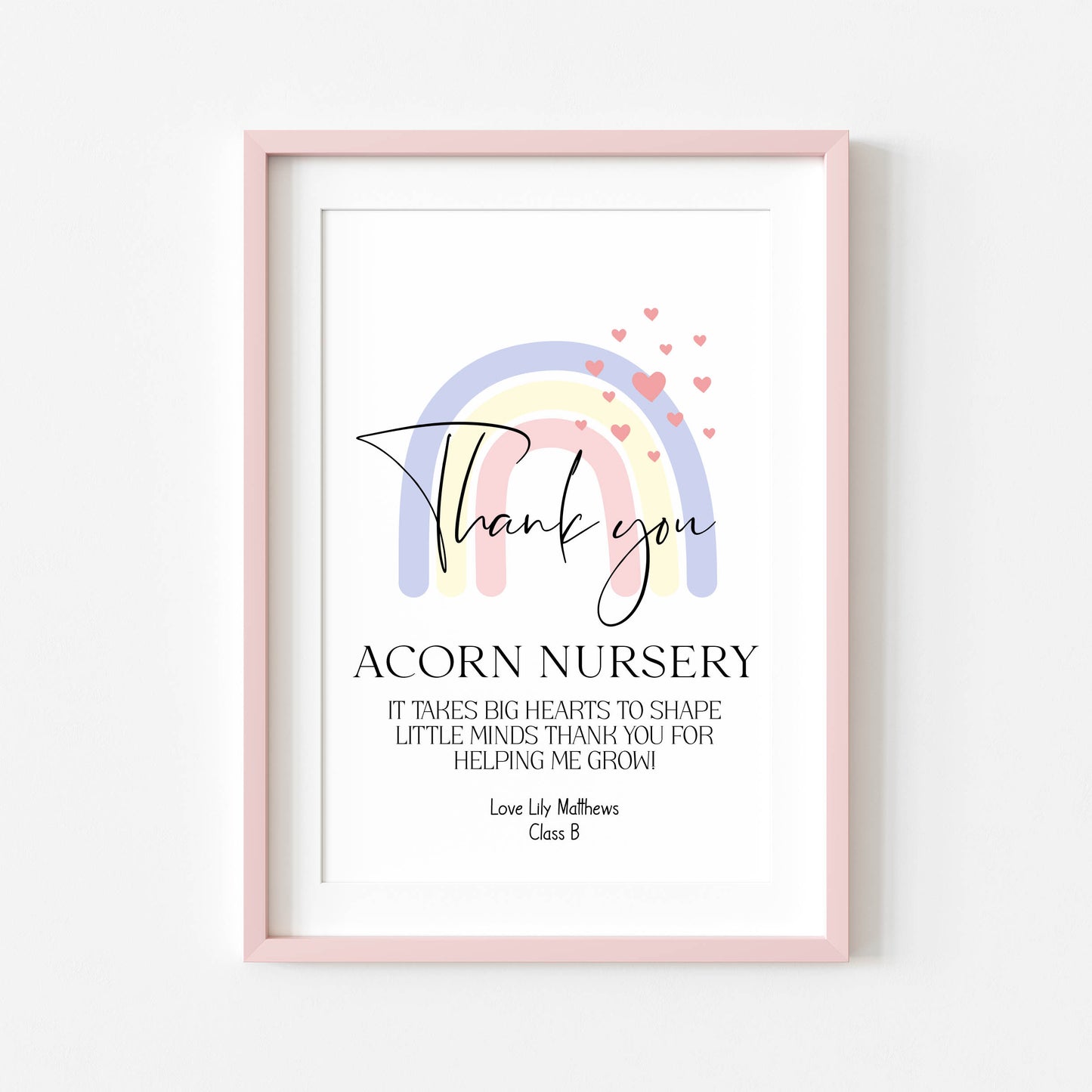 Personalised Thank you Nursery or teacher rainbow hearts unframed print, unique end of term thank you gift for nurseries, teachers, schools