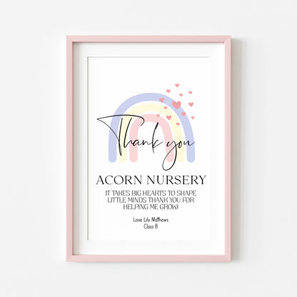 Personalised Thank you Nursery or teacher rainbow hearts unframed print, unique end of term thank you gift for nurseries, teachers, schools
