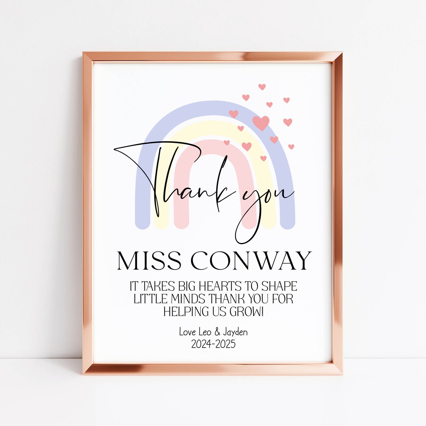 Personalised Thank you Nursery or teacher rainbow hearts unframed print, unique end of term thank you gift for nurseries, teachers, schools