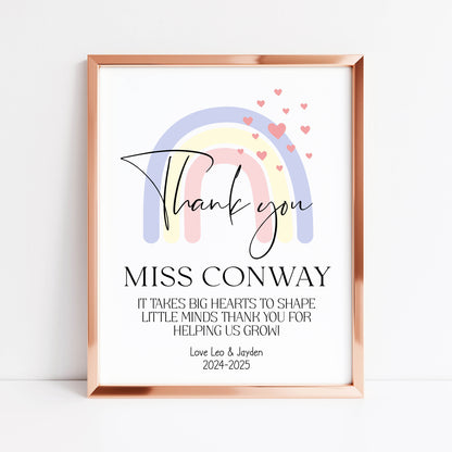 Personalised Thank you Nursery or teacher rainbow hearts unframed print, unique end of term thank you gift for nurseries, teachers, schools