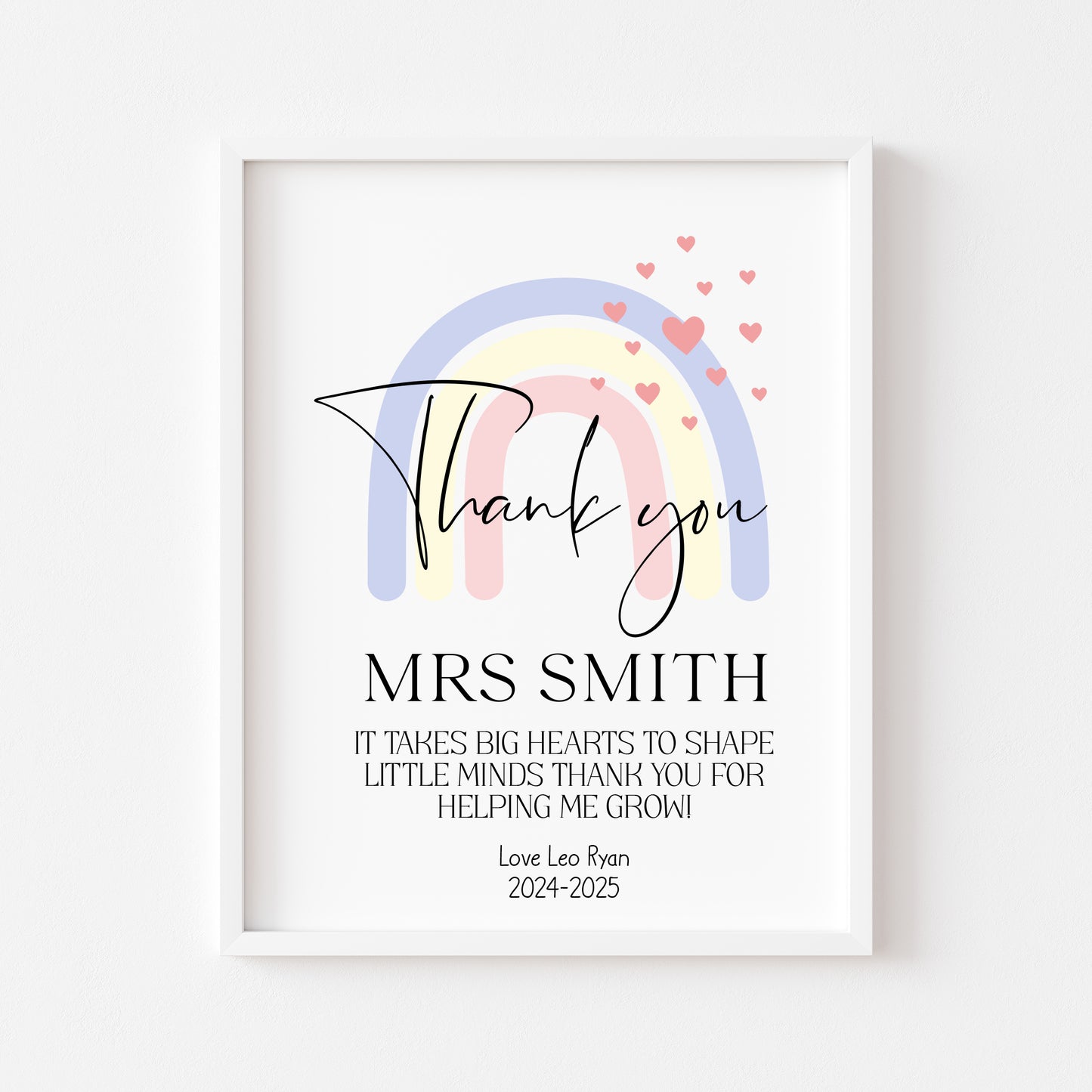 Personalised Thank you Nursery or teacher rainbow hearts unframed print, unique end of term thank you gift for nurseries, teachers, schools