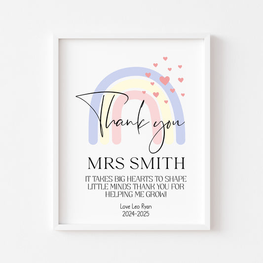 Personalised Thank you Nursery or teacher rainbow hearts unframed print, unique end of term thank you gift for nurseries, teachers, schools