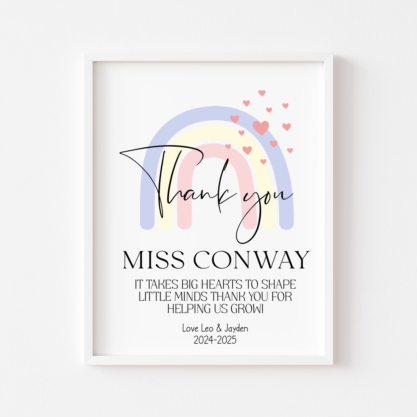Personalised Thank you Nursery or teacher rainbow hearts unframed print, unique end of term thank you gift for nurseries, teachers, schools