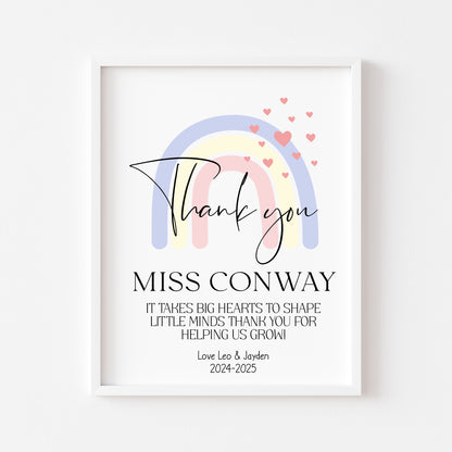 Personalised Thank you Nursery or teacher rainbow hearts unframed print, unique end of term thank you gift for nurseries, teachers, schools