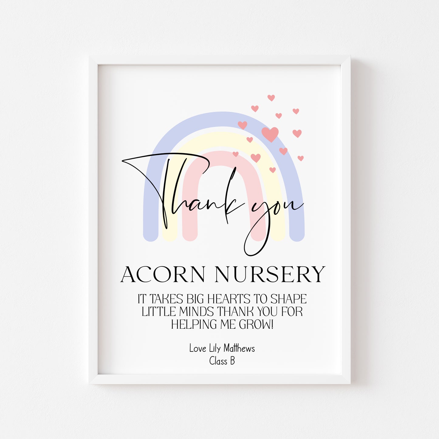 Personalised Thank you Nursery or teacher rainbow hearts unframed print, unique end of term thank you gift for nurseries, teachers, schools