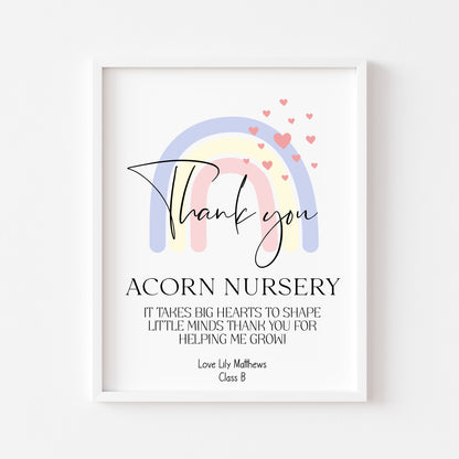 Personalised Thank you Nursery or teacher rainbow hearts unframed print, unique end of term thank you gift for nurseries, teachers, schools