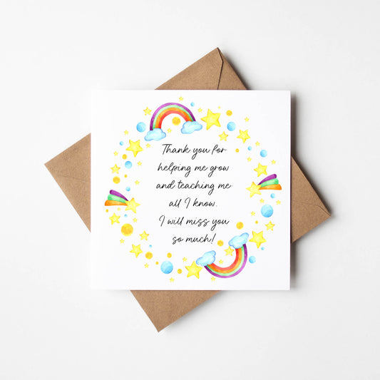Thank you nursery card, rainbows stars wreath poem thank you so much teacher school nursery mentor assistant friend card with brown envelope