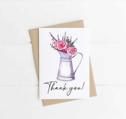 Pack of 4 Thank you cards to say thanks floral daisy lavender watercolour jug bouquet pack of cards with envelopes,kraft brown or white