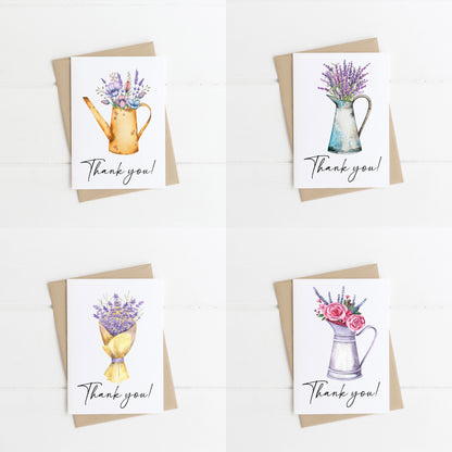 Pack of 4 Thank you cards to say thanks floral daisy lavender watercolour jug bouquet pack of cards with envelopes,kraft brown or white