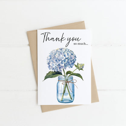 Thank you card, floral blue hydrangea jar floral watercolour card, thank you cards, just to say thanks, with envelope,kraft brown or white