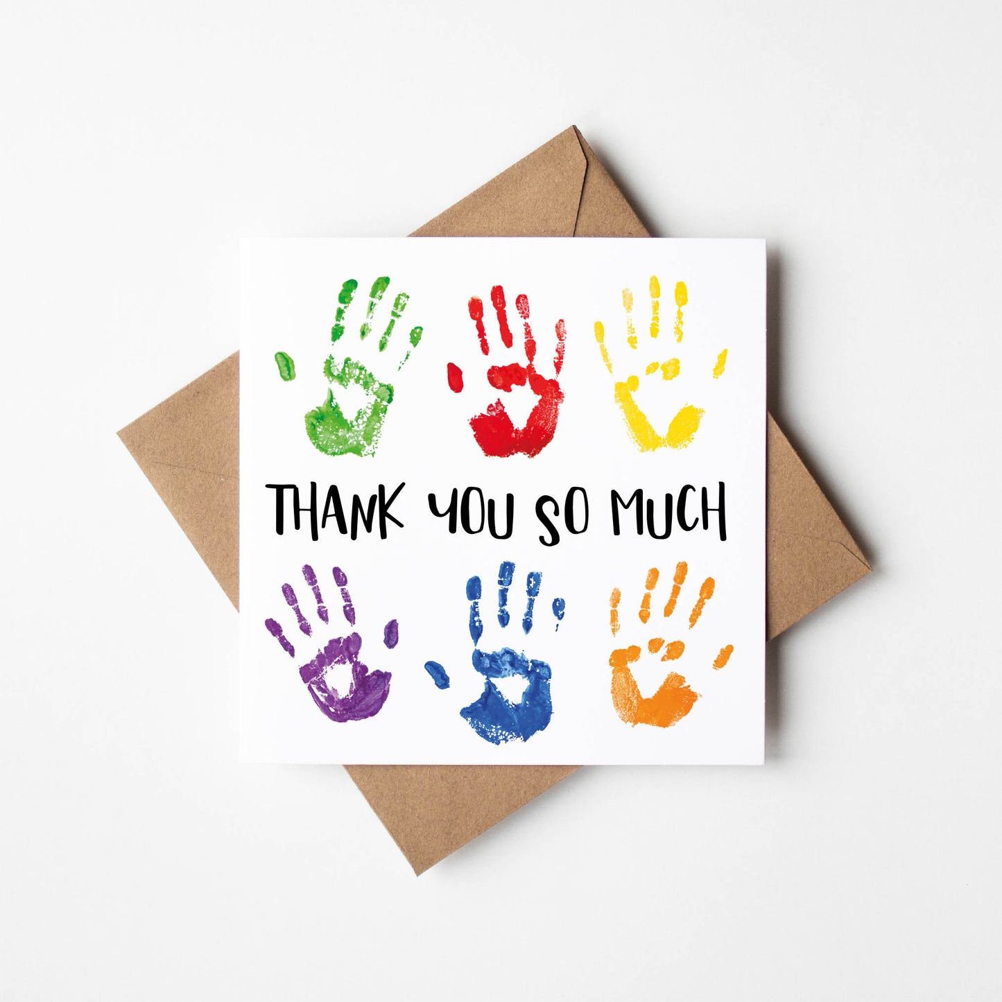Teacher thank you card, bright fun watercolour handprints thank you teacher school nursery mentor assistant friend card with brown envelope