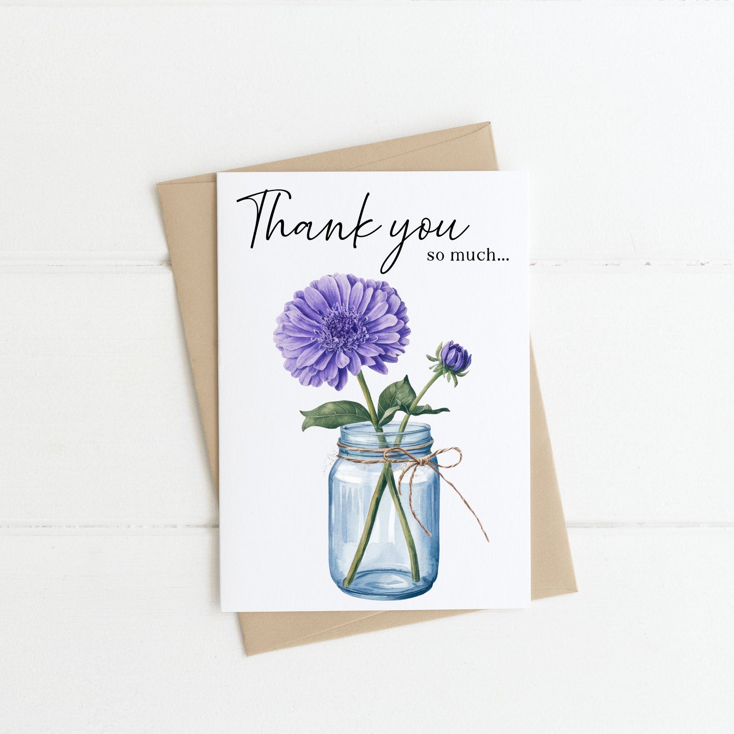 Thank you card, floral purple flowers jar floral watercolour card, thank you cards, just to say thanks, with envelope,kraft brown or white