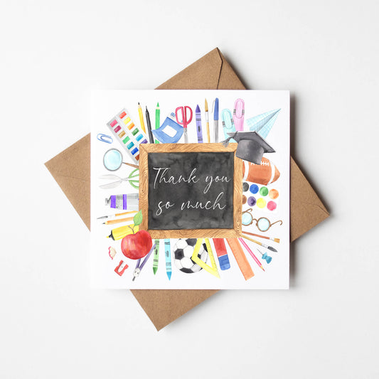Teacher thank you card, bright fun watercolour thank you so much teacher school nursery mentor assistant friend card with brown envelope