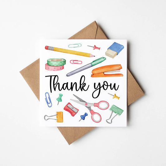 Teacher thank you card, bright fun watercolour stationery supplies thank you teacher school mentor assistant friend card with brown envelope