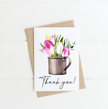 Thank you card, mug of tulips purple pink white bouquet floral watercolour style card, thank you cards with envelope,kraft brown or white