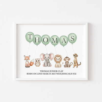 Personalised print animal themed green balloons name print safari animals kids nursery birth weight name date unframed wall art poster print