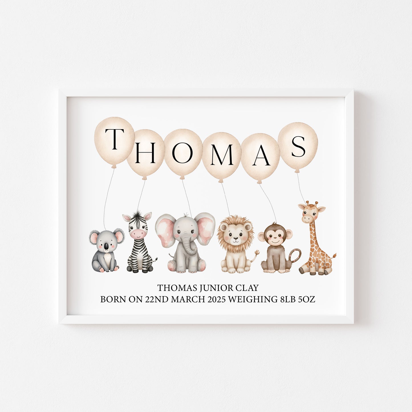 Personalised Safari Animals Nursery Print Beige Balloons, Birth Details unframed wall art poster print