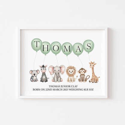 Personalised print animal themed green balloons name print safari animals kids nursery birth weight name date unframed wall art poster print