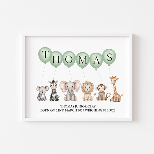 Personalised print animal themed green balloons name print safari animals kids nursery birth weight name date unframed wall art poster print