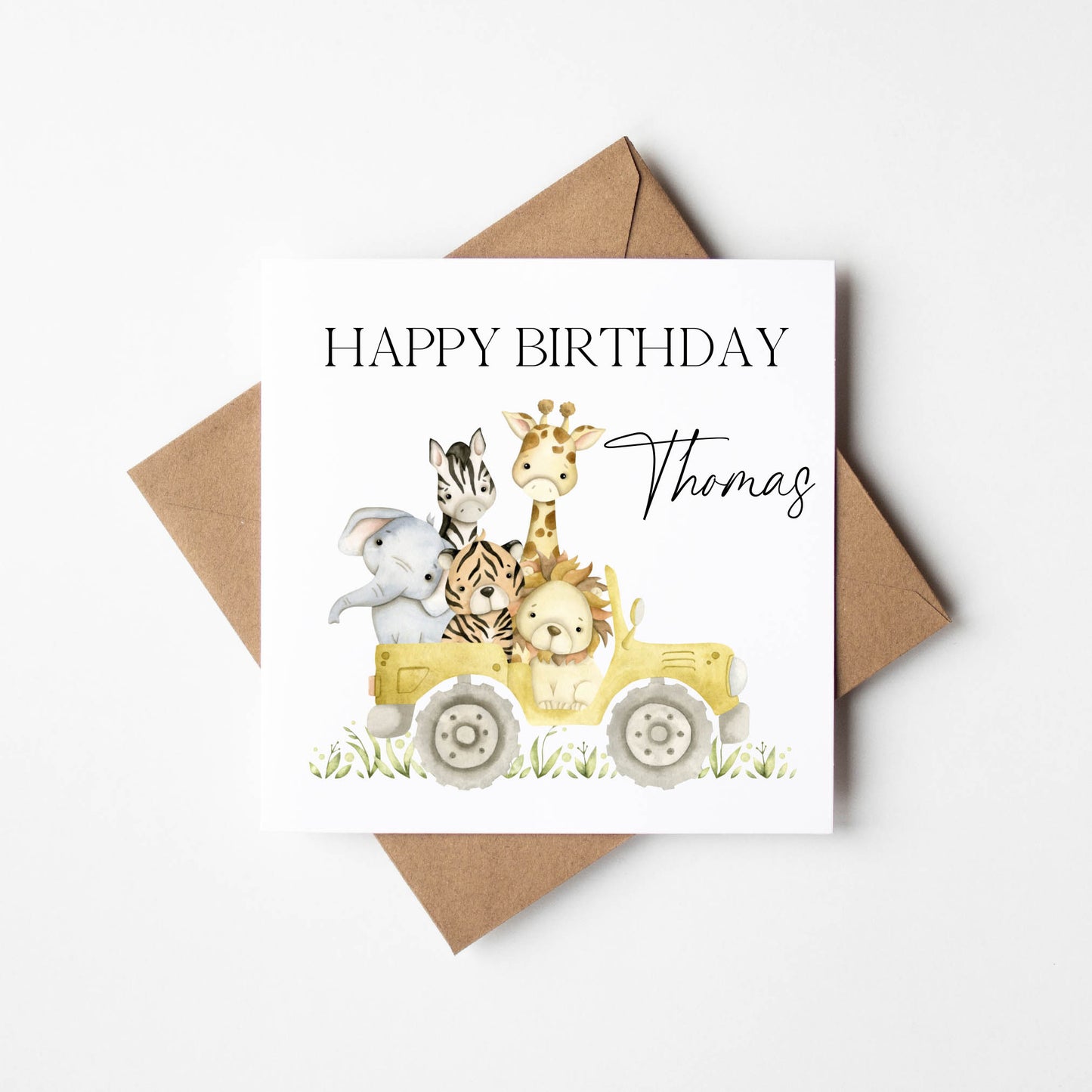 Personalised Birthday card, Happy Birthday kids safari truck safari animals children's birthday card with envelope, personalised with name