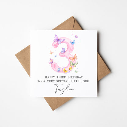 Personalised 3rd Birthday Card pink purple Butterfly girls bday card, number 3, daughter, granddaughter, friend with Envelope
