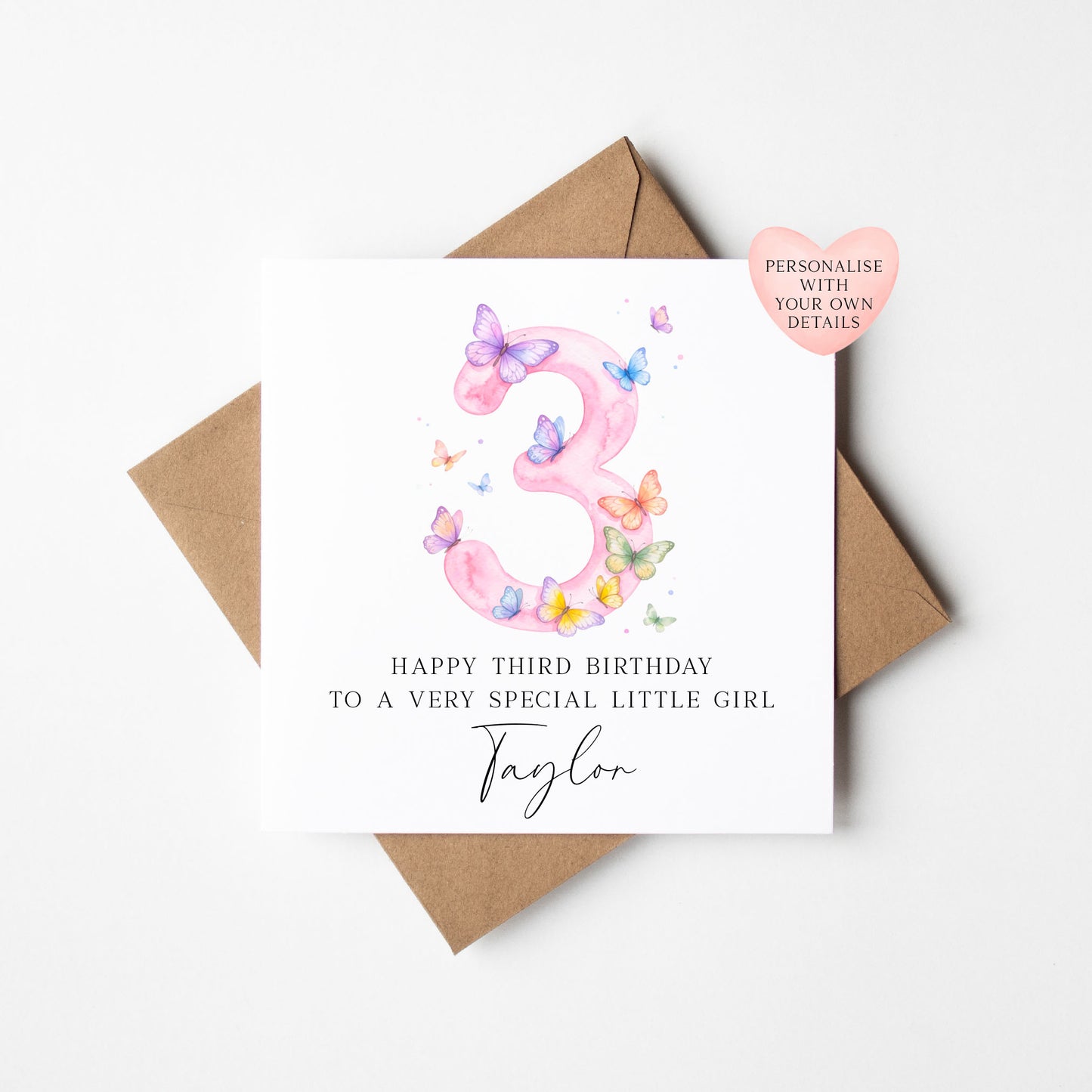 Personalised 3rd Birthday Card pink purple Butterfly girls bday card, number 3, daughter, granddaughter, friend with Envelope
