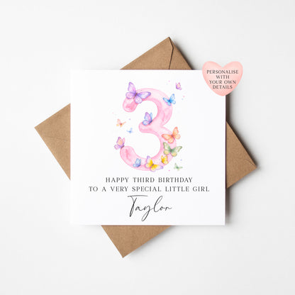 Personalised 3rd Birthday Card pink purple Butterfly girls bday card, number 3, daughter, granddaughter, friend with Envelope