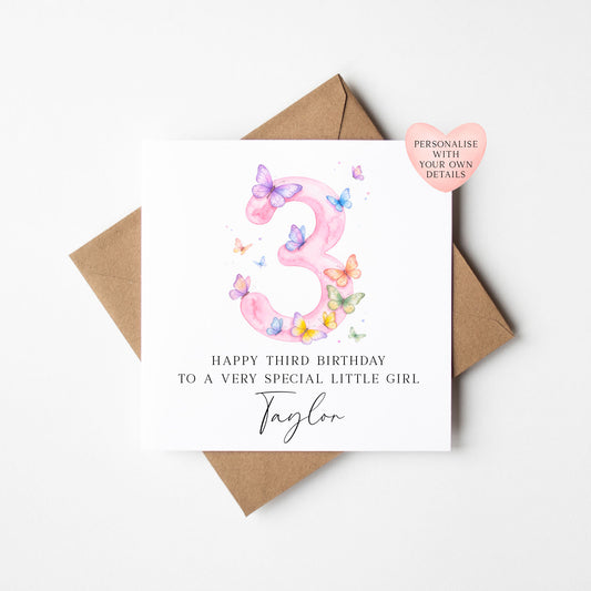 Personalised 3rd Birthday Card pink purple Butterfly girls bday card, number 3, daughter, granddaughter, friend with Envelope