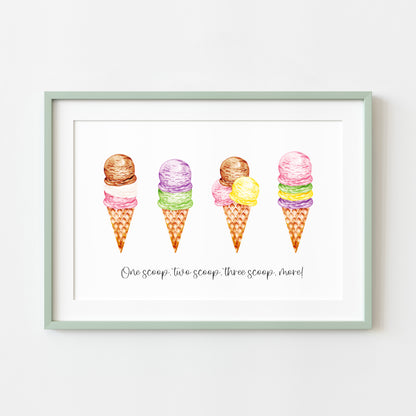 Icecream, one scoop, two scoop, three scoop more illustration summer home wall art unframed poster print