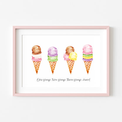 Icecream, one scoop, two scoop, three scoop more illustration summer home wall art unframed poster print