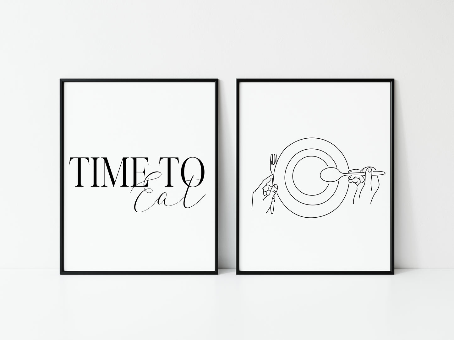 Set of 2 time to eat, food dinner tea supper line drawing kitchen unframed wall art poster prints