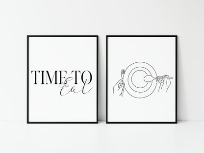 Set of 2 time to eat, food dinner tea supper line drawing kitchen unframed wall art poster prints