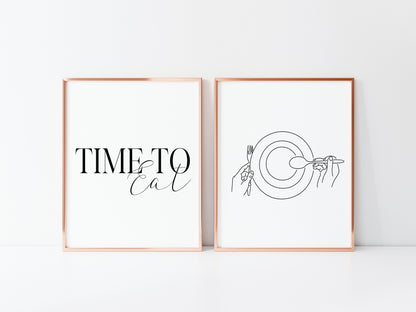 Set of 2 time to eat, food dinner tea supper line drawing kitchen unframed wall art poster prints