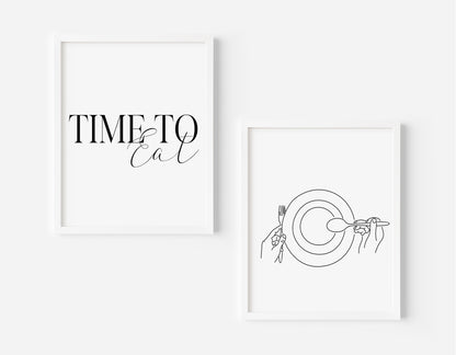 Set of 2 time to eat, food dinner tea supper line drawing kitchen unframed wall art poster prints