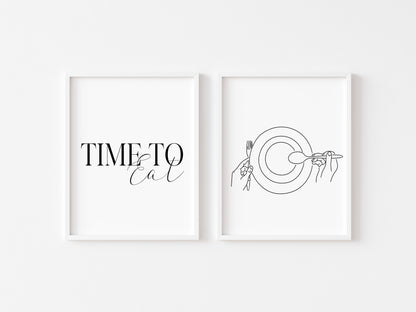 Set of 2 time to eat, food dinner tea supper line drawing kitchen unframed wall art poster prints