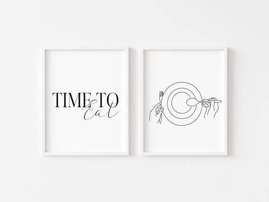 Set of 2 time to eat, food dinner tea supper line drawing kitchen unframed wall art poster prints