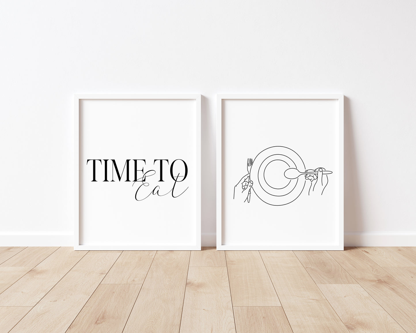 Set of 2 time to eat, food dinner tea supper line drawing kitchen unframed wall art poster prints