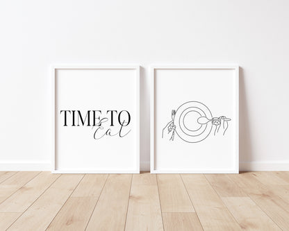 Set of 2 time to eat, food dinner tea supper line drawing kitchen unframed wall art poster prints