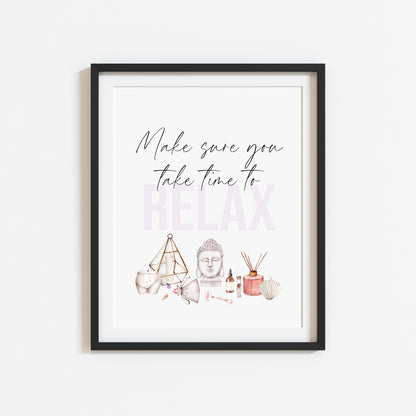 Make sure you take time to relax watercolour bedroom, bathroom candles & crystals bedroom unframed wall art poster print