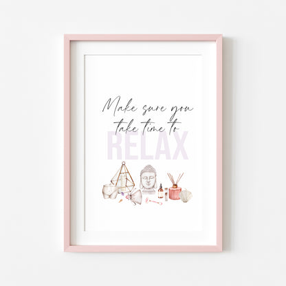 Make sure you take time to relax watercolour bedroom, bathroom candles & crystals bedroom unframed wall art poster print