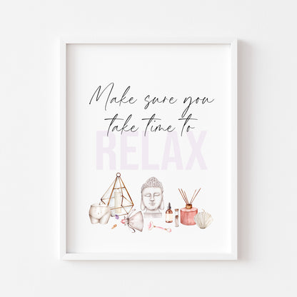 Make sure you take time to relax watercolour bedroom, bathroom candles & crystals bedroom unframed wall art poster print