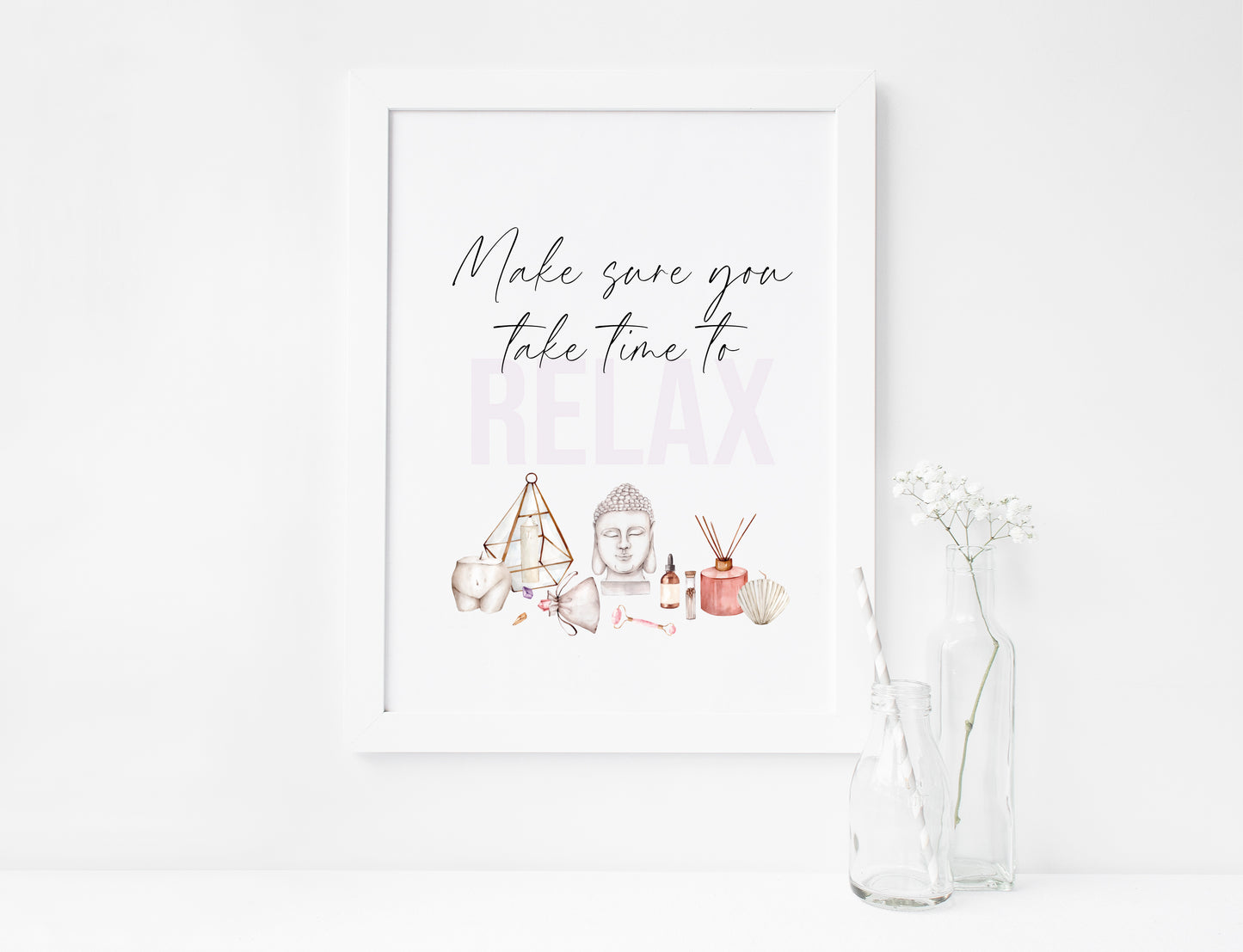 Make sure you take time to relax watercolour bedroom, bathroom candles & crystals bedroom unframed wall art poster print