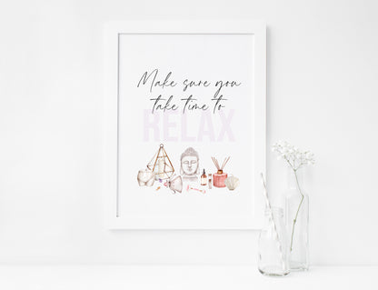 Make sure you take time to relax watercolour bedroom, bathroom candles & crystals bedroom unframed wall art poster print