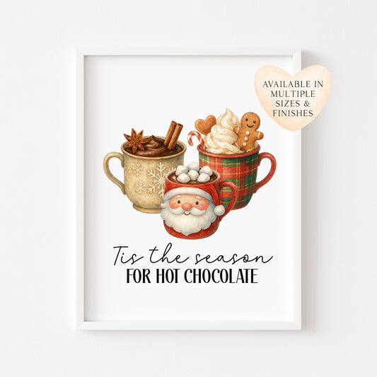 Hot chocolate print, Tis the season red green vintage watercolour Winter Home Decor unframed wall art