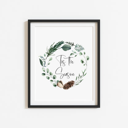 Tis the season watercolour Christmas foliage pinecone wreath seasonal unframed wall art poster print