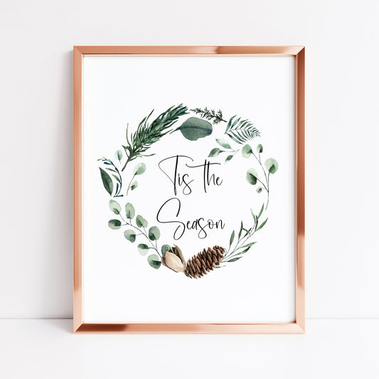 Tis the season watercolour Christmas foliage pinecone wreath seasonal unframed wall art poster print