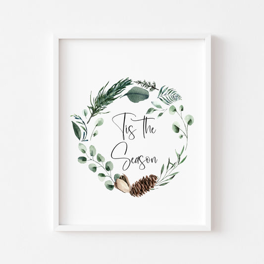 Tis the season watercolour Christmas foliage pinecone wreath seasonal unframed wall art poster print