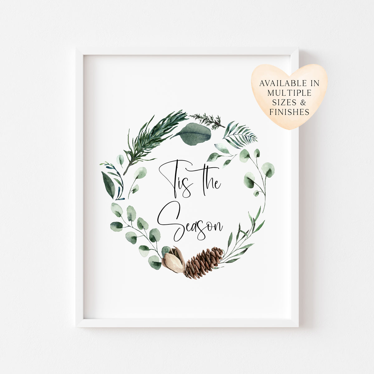 Tis the season watercolour Christmas foliage pinecone wreath seasonal unframed wall art poster print
