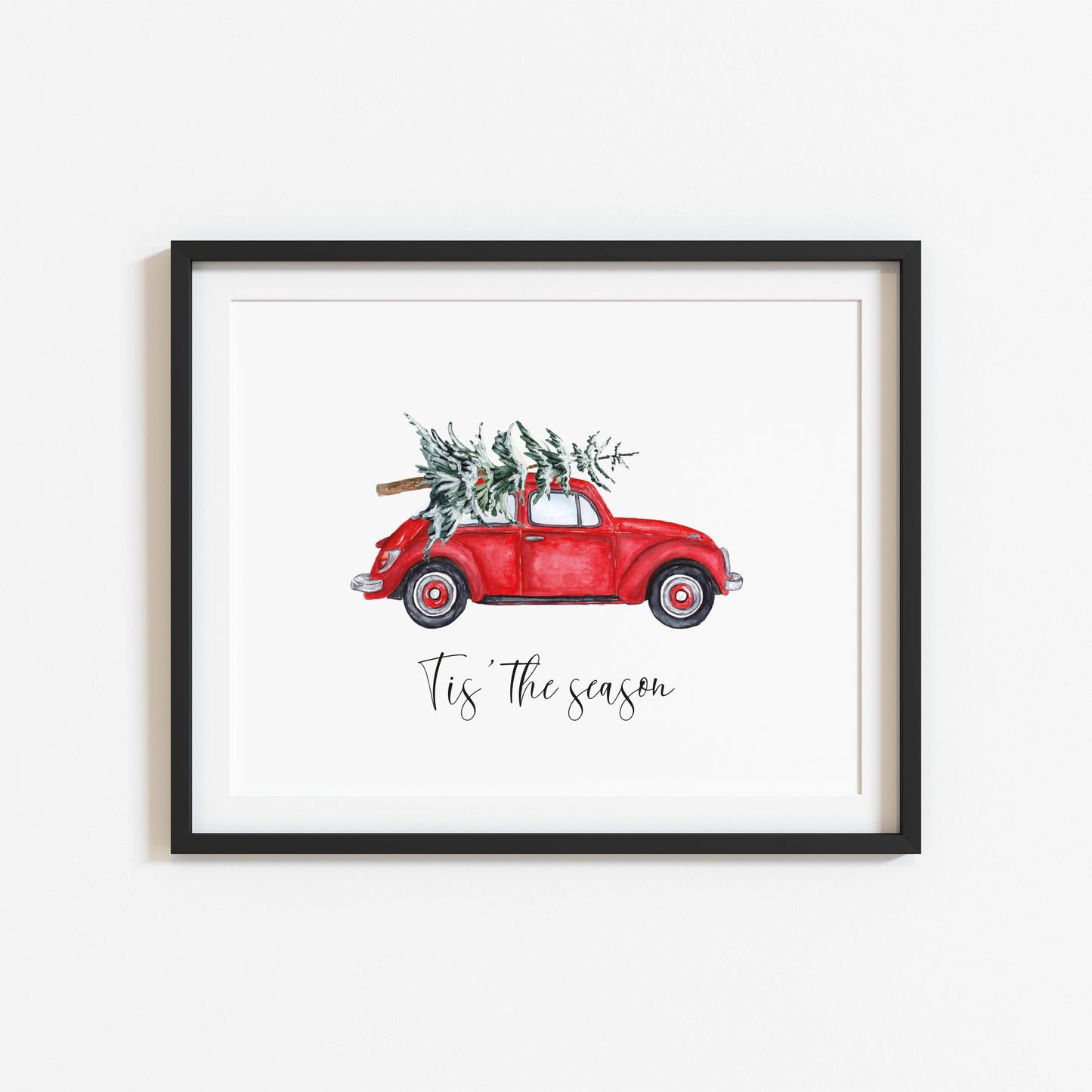 Tis the season red watercolour bug car Christmas tree illustration seasonal unframed wall art poster print